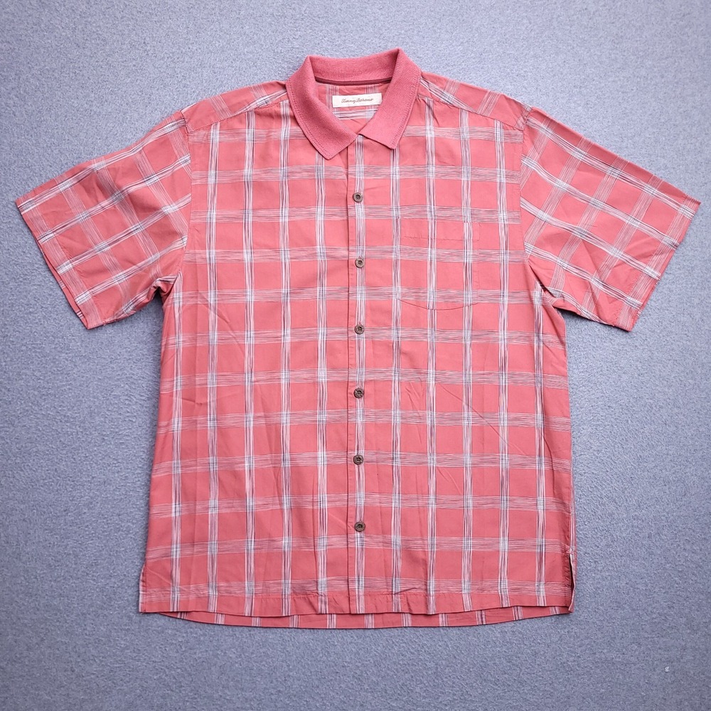 Tommy Bahama Silk Button Up Shirt Large Red Plaid Pocket Mens